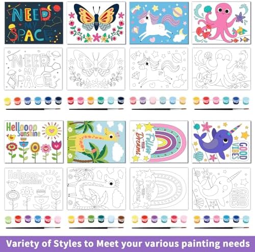 goldentime 8 Packs 5x7 Pre Drawn Canvas Set,Paint by Numbers for Kids,48 Paints 8 Brushes 2 Easels,Pre-Printed Acrylic Oil Painting Kit Ages 8-12 9-12 4-8