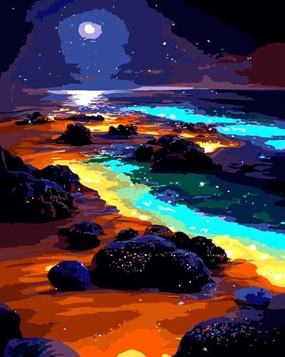 Yunnuo Paint by Numbers Kit for Adults, Seaside Night Scene Adult Paint by Number Kits on Canvas, DIY Beach Number Painting for Wall Decoration Festival Gifts 16"x20"(Glowing Sea Water& Moon)