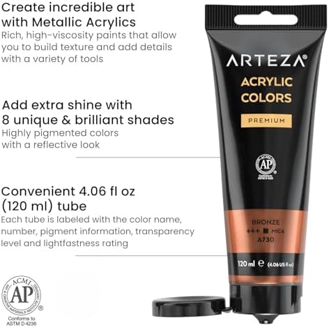 ARTEZA Metallic Acrylic Paint, 8 Metallic Colors in 4.06 ounce Tubes, Artist Paints for Hobby Painters, Art Supplies for Canvas Painting