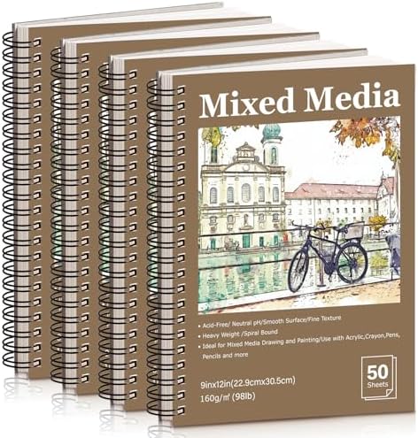 4 Pack 9x12 Mixed Media Sketchbook, Spiral Bound, 200 Sheets Sketch Pads