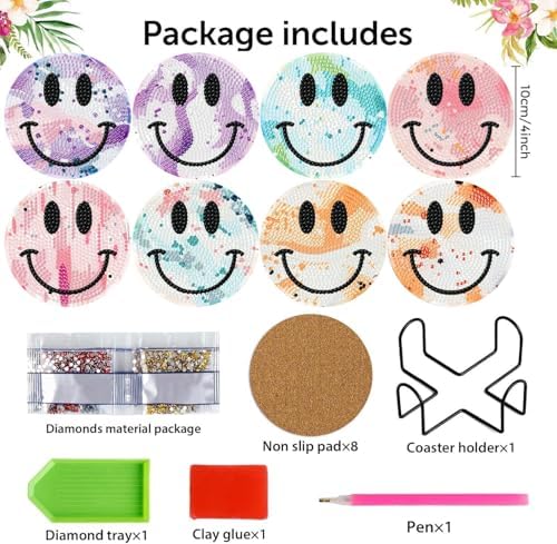 8 Pcs Smile Face Diamond Art Coasters Kit for Adults with Holder 4x4in