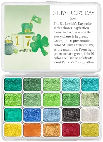 CraftyManor Mini Super Glitter Watercolor Paint Set, 20 Colors Ultra-Shimmer Metallic Watercolour Painting Sets, Solid Pearl Water Color Paints for Adult, 1ml Trial Pack (St. Patrick's Day)