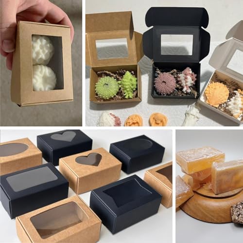 BZIDII 36Pcs Soap Boxes for Homemade Soap and 40pcs Shrink Bags,3.54 X 2.36 X 1.18 Inch Soap Boxes with Window,Bar Soap Packaging Kraft Box Supplies（Brown）