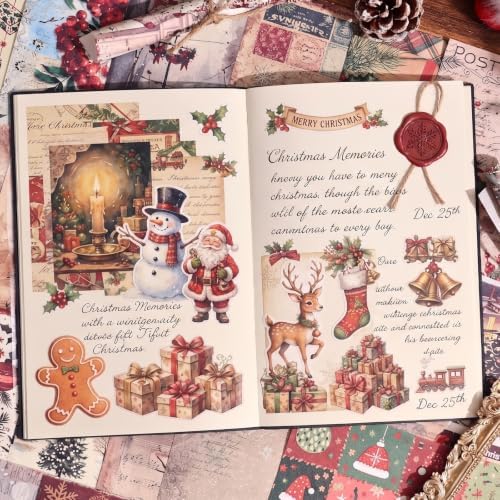 icceemee 200 Sheets Christmas Scrapbook Paper Set – Christmas Themed Craft Collage Paper for Junk Journaling, Bullet Journal, Poster Decor, Room Decoration, Card Making, and Gift Wrapping