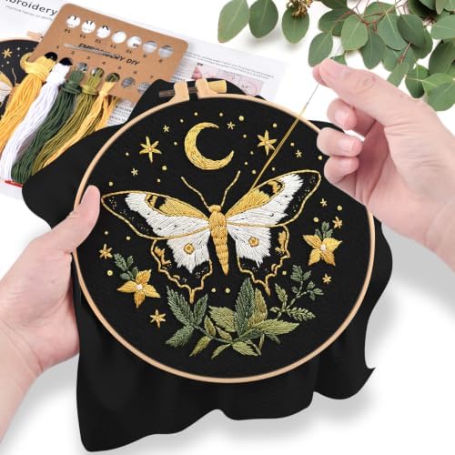 ERKOON Embroidery Kit for Beginners Adult Cross Stitch Set Include Embroidery Cloth Hoop Threads for Craft Lover Hand Stitch with Embroidery Skill Techniques (Moon Butterfly)