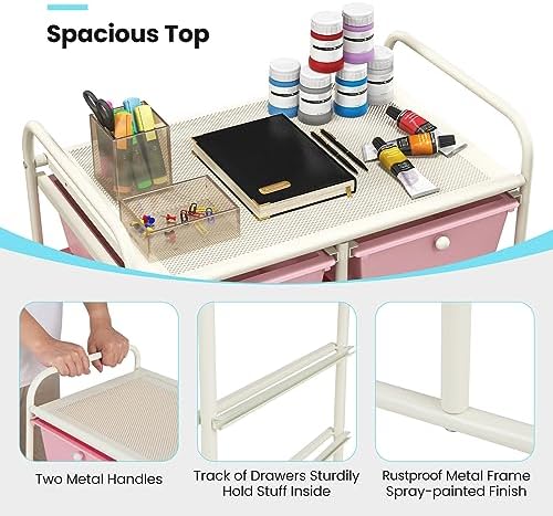 Giantex 10 Drawers Rolling Cart, Classroom Organizers, Storage Cart with Wheels, for Teacher Office Home School Supplies Tool Craft Art Paper, Pink Gradient