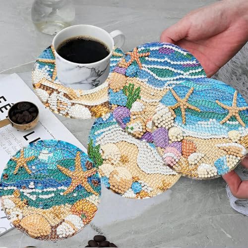 ijbnhd 8 Pack Diamond Art Coasters Kits Ocean (Cork Wooden Pad)