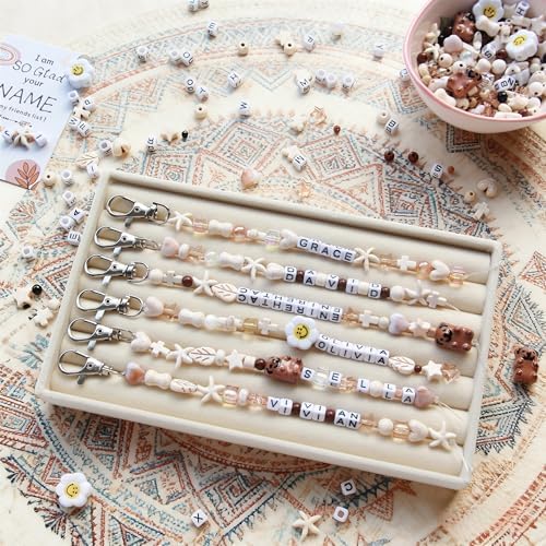 Tuhangcc 16 Set DIY Keychain Making Kit，Adjustable Letter Alphabet Beads Strings,Keychain Bohoemian-Chic Beads, 16 Charm Cards with Lobster Clasps & Strings for Boho Party Favor