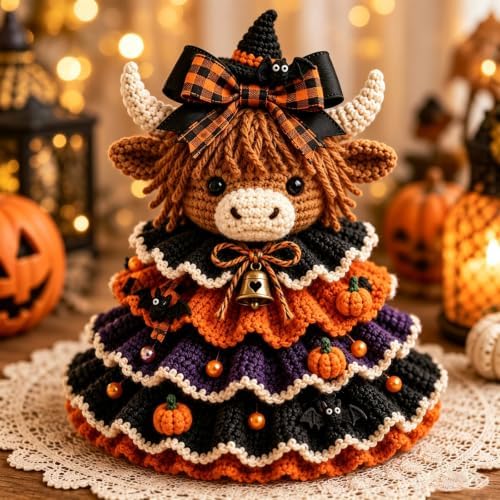 Halloween Crochet Tabletop Decor DIY Kit, Crochet Animal Halloween Tree DIY Craft Kit with Pumpkin Cow Character, Handmade Creative Holiday Craft Set for Adults, Gift for Craft Lovers，Ghost