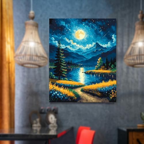 Lovepefe Moon Paint By Numbers Kit for Adults Beginner Forest Adult Paint By Number Kits On Canvas Adults Kits DIY Lake Flowers Oil Painting Kits for Gift Home Wall Decor 16x20 Inch