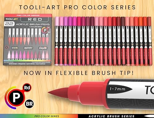 TOOLI-ART 22 Flexible Brush Tip Acrylic Paint Pens Markers Set 1-7mm Line for Rock Painting, Glass, Mugs, Wood, Metal, Canvas, Plastic. Non Toxic Waterbased Quick Drying Assorted Red