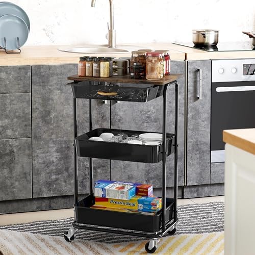 Simple Houseware 3-Tier Utility Cart with Drawer & Wood Top, Rustic Brown