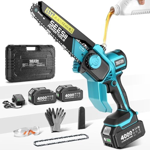 SEESII Flagship 8-Inch Cordless Mini Chainsaw, Upgraded Brushless Motor | Electric Chainsaw with 2×4000mAh Batteries, Tool-Free Chain Tension & Oiler, Handheld Saw for Fast Tree Branch Cutting