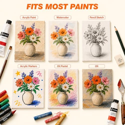 CONDA 12-Pack 𝗣𝗥𝗘𝗠𝗜𝗨𝗠 Size Canvas for Painting, 2 of 4x4, 4x6, 5x7, 8x10, 9x12, 11x14 Paint Canvas Boards, 100% Cotton Triple Primed Canvases Bulk, Art Supplies for Kids & Adults
