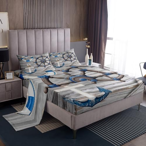 Manfei Nautical Style Sheet Set Anchor Rudder Rope Bedding Set Retro Wood Grain Print Bed Sheets Teens Room Decor Gray Blue (Twin Flat & Fitted Sheet with 1 Pillow Case)