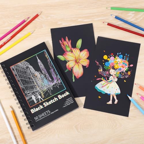 160gsm Black Paper Sketchbook 5.5x8.5in, 50 Acid-Free Black Paper Notebook