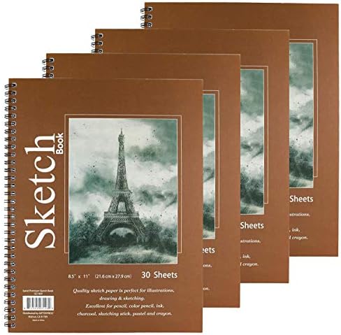 GIFTEXPRESS Bound Spiral Premium Sketch Book Sketch Pads Set, 4 Pads x30-Sheets, 8.5" X 11" Side Wire Bound, White 120 Paper Sheets for Pencil Ink Pastel (4)