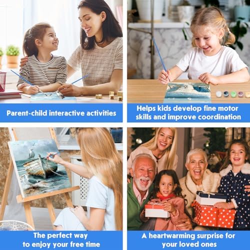 NEWENMO 4 Pack Paint by Numbers Kit for Kids Beginner with Wooden Frame, Lighthouse, Beach, Paint by Numbers Kit for Adults, Coastal Landscape, DIY Painting Kits for Home Wall Decor 8x10 inch