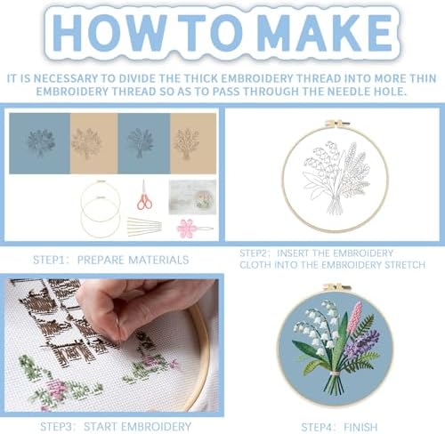 FREEBLOSS 4 Sets Embroidery Kit for Beginners Needlepoint Bouquet Stamped Embroidery Starter Kit with Instructions, Needles, Threads, 2 Hoops 11.6"/29.5CM