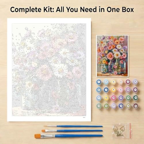 Amphol Paint by Numbers Kit for Adults - Boho Cosmos Floral DIY Paint by Number Canvas Art Kit, 16x20in Unframed Oil Painting by Number Kit, Relaxation and Home Decoration, Complete Acrylic Paint Set