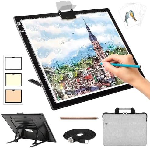 Rechargeable A3 Light Pad for Diamond Painting with Padded Case,Light Board with Stand,3 Colors Stepless Dimmable and 6 Levels of Brightness Light Box for tracing,Drawing,Sketching,Animation