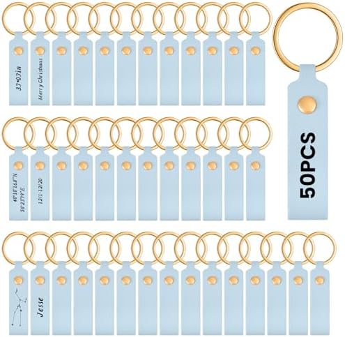 Wavyknot 50 Pcs Leather Keychain Blanks, 3.7 x 0.7 Inches, light Blue