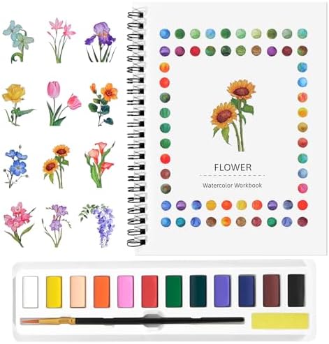 Watercolor Workbook for Beginners, Water Color Paint Book Set with Paints & Brush, 12 Beautiful Flower Patterns of Original DIY Designs, Relaxing & Creative & Joy Adult Coloring Books