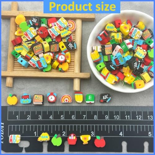 100Pcs Back to School Polymer Clay Beads, Apple Pencil Teacher School Bus Spacer Beads for Bracelet Necklace Making DIY Jewelry Craft Kit Teacher Appreciation Gift School Theme Party Supplies