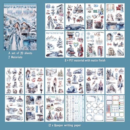 Precut Winter Aesthetic Scrapbook Sticker Book, 20 Sheets People Landscape Animal Snowflake Journaling Supplies for Adults Card Making Collage (Blue)