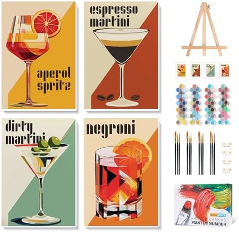 Camocin 4 Pack Framed Paint by Numbers Kit for Adults with Wooden Easel | Retro Cocktail Artwork, DIY Canvas Painting Set, Home Bar Wall Decor, Beginner Friendly, Vintage Style, 8x12 Inch