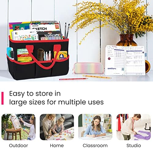 Desktop Tote and Organizer, Teacher Helper caddy Bag for Arts, Books, Stationery, Office Desk Organization, Make-up Storage with Handles for Travel (Black)
