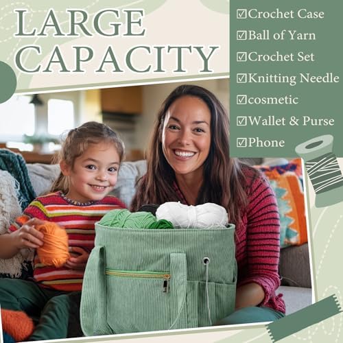 Bulyoou 2 Pcs Crochet Tote and Yarn Bag Set Corduroy Yarn Holder,Green