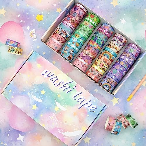 WAPETASHI 50 Rolls Washi Tape Set, Silver Cute Washi Tape for Scrapbooking, Bullet Journal, Planner, Gift, Rainbow Masking Decorative Tape for Kids