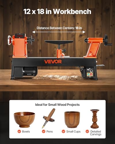 VEVOR Wood Lathe, 6Amp 1 HP Benchtop Wood Lathe Machine with 150 to 3800 RPM Variable Speed 12 x 18" Workbench Brushless DC Motor Cast Iron Construction for Beginners DIY Enthusiasts Woodworking