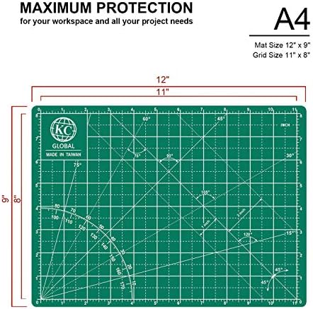 KC GLOBAL A4 (12"x9") Self-Healing Cutting Mat (Dark Green) - Sturdy, Reversible, Eco-Friendly, Non-Slip. Premium Desk Mat for Crafters, Quilters, and Hobbyist