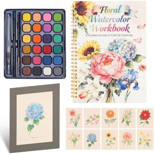 Floral Watercolor Painting Kit, 24 Paints, 3 Brushes, Workbook