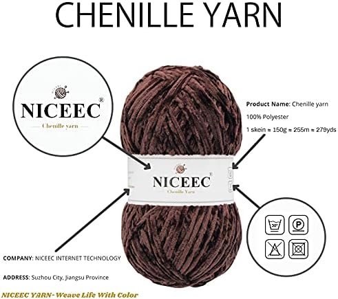 NICEEC 2 Skeins Soft Chenille Yarn 2 x255m (2X 279yds, 3X 150g)_Coffee