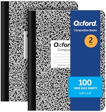 Oxford Composition Notebooks, 9-3/4 x 7-1/2 Inch School Journals, Wide Ruled Paper, Black Marble Covers, 100 Sheets per Book, 2 Pack (1002516)