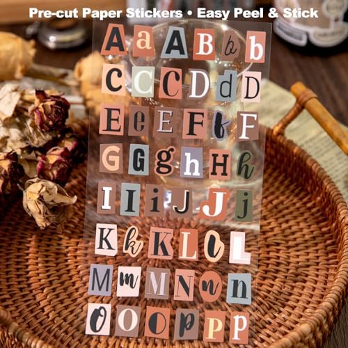 8 Sheets Pre-Cut Vintage Alphabet & Number Sticker Set, Retro Typography Letters for Scrapbook Journal Collage DIY Craft Decor