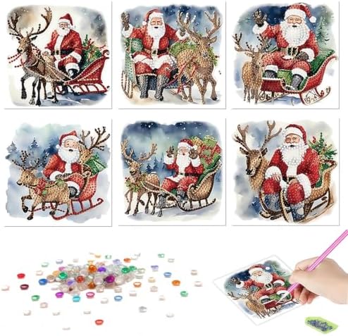LSQFS Diamond Art Kits for Adults,6Pcs Santa Xmas Diamond Art Paper Cards
