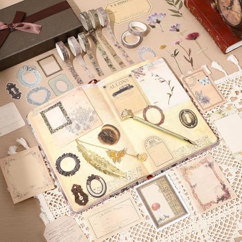 DIY Journal Diary with Lock Pack Scrapbook Kit, Brown, Retro | Stationery Diary Supplies, Scrapbook Supplies Art Crafts Kit for Birthday Holidays Ideal Gifts, Feather Bookmark Stickers