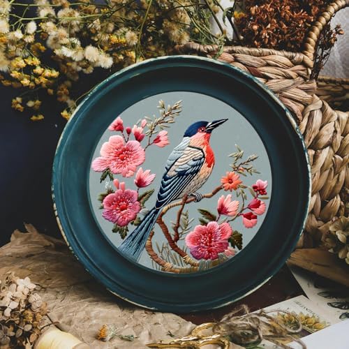 FONNUY Embroidery Kit for Beginners, Hummingbird Flowers Pre-Stamped Pattern Kits for Adults with Hoop, Easy to Follow Color Thread Needlework, 8''Hoop (Blue)