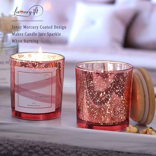 LAMORGIFT 15 Pack Empty Candle Jars With Lids (8oz, Rose Gold) - Making Containers Include 20 Pcs Labels - Mercury Glass Jars