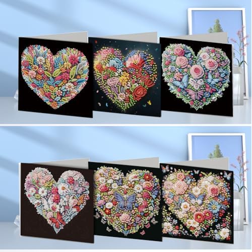 Diamond Art Cards with Envelopes–6PCS DIY Diamond Painting Greeting Cards Kit | Card Making Kit with Bling for Adults & Beginners | Birthday,Holiday & Thank You Cards (Heart Flower)