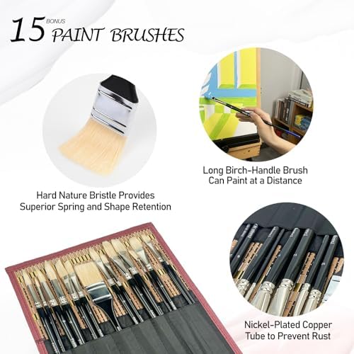 Falling in Art 15 Pcs Professional Oil Paint Brush Set, Natural Hog Bristle