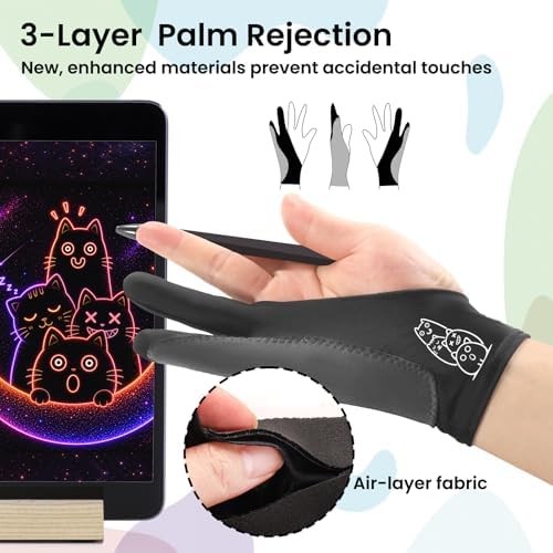 Stacked Cat Drawing Glove: 3-Layer Palm Rejection for iPad & Drawing Tablet | Smooth-Glide & Breathable Artist Glove for Digital Art, Two-Finger Design, Fits Left & Right Hand, 2-Pack + Cleaning Cloth