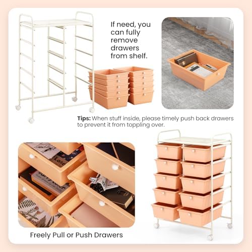 Giantex 10 Drawers Rolling Cart, Classroom Organizers, Storage Cart with Wheels, for Teacher Office Home School Supplies Tool Craft Art Paper, Peach Fuzz