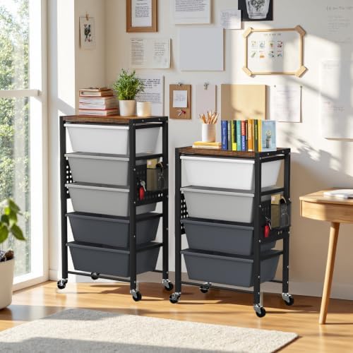 Rolling Cart with 5 Drawers, Plastic Drawer Storage Carts with Wheels & Wooden Tabletop, Metal Utility Cart with Pegboards, Office Living Room Classroom Craft Organization and Storage, Dark Grey