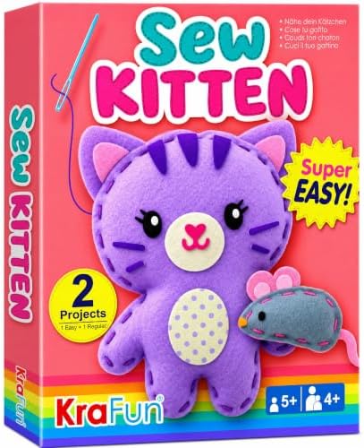 KRAFUN Beginner Sewing Kit, Sew Kitten & Mouse, Pre-Cut Felt, Kids Ages 5+