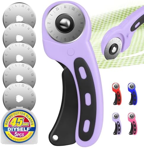 DIYSELF Rotary Cutter for Fabric, Fabric Cutter with 5 Rotary Blades 45 mm